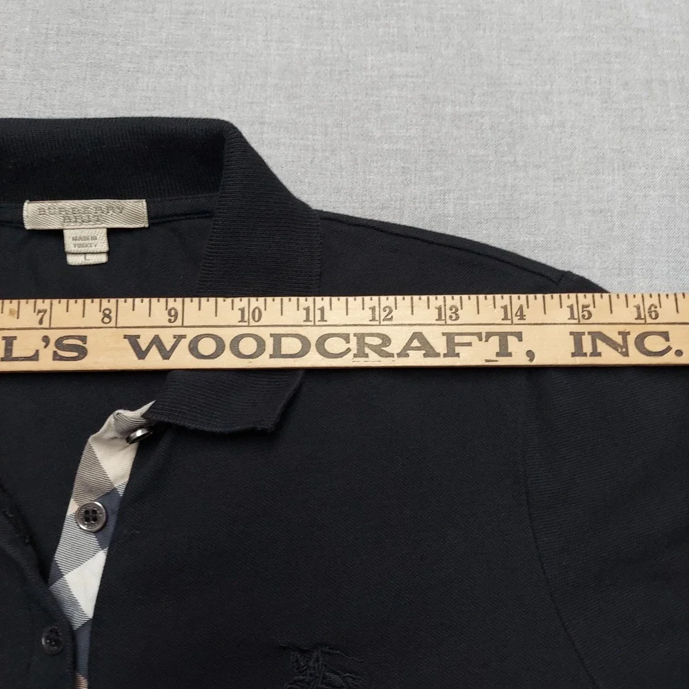 Burberry Brit Women L Black Pique Polo Shirt Nova Check Placket Equestrian Logo - Picture 11 of 14